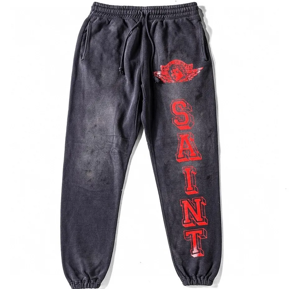 SAINT Mxxxxxx ANGEL SWEAT PANTS/BLK Angel Reborn Crack Print Distressed Sweatpants, Washed Black S-XL Assute Dyeing, Full Spray Fade, Heavy Fermentation Washing, Made with NEW VINTAGE Texture, Four Needles and Six Threads from the Factory, Boneless Patchwork, More Comfortable to Wear, Genuine Level Crack Print/Accessories Restored